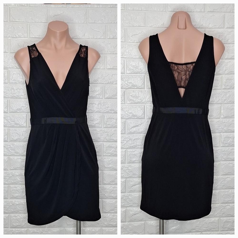 BCBGENERATION Black Lace and Ribbon Sleeveless Wrap Style Dress NWT